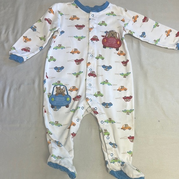 Pekkle - Playful car Print White and Blue Footie Pajamas - Picture 1 of 4